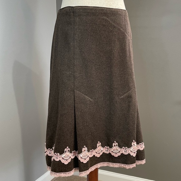 Y2K Express Wool Blend A Line Sequin Beaded Skirt Size 6 Brown & Blush Pink - Picture 1 of 13